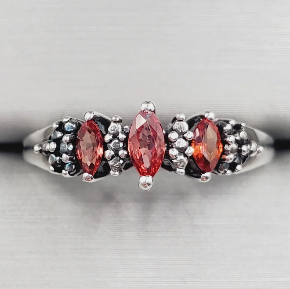 Genuine Red Marquise Ruby 925 Sterling Silver Three Stone Ring
